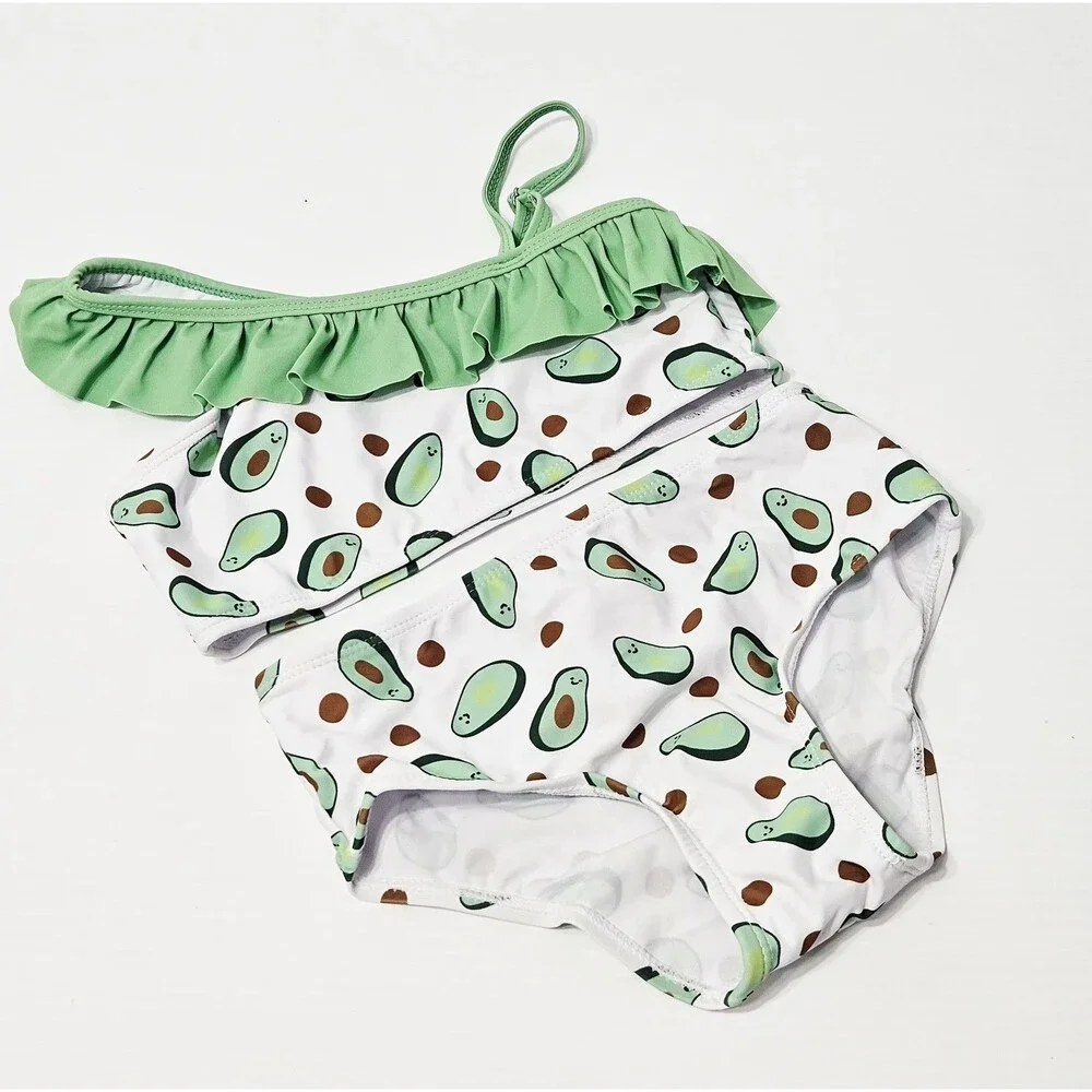 Girl's Avocado Print Bikini 2 pc Set One Shoulder High Waist Size 6/7 NWT